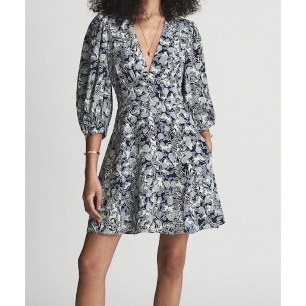 Reiss Blue Daisy Print V-Neck Puff Sleeve Mini Dress Floral Fit & Flare Feminine